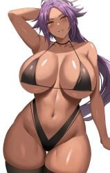 1girls bikini bleach breasts brown_skin cleavage dark-skinned_female dark_skin female hi_res huge_breasts jasony large_breasts long_hair naughty_face ponytail purple_hair shihouin_yoruichi smile yellow_eyes