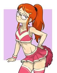 1female 1girls aged_up centinel303 cheerleader cheerleader_outfit cheerleader_uniform female female_focus female_only glasses infinity_train lenny_face midriff orange_hair orange_ponytail petite pink_background small_breasts smile smug solo solo_female solo_focus standing tulip_olsen white_background