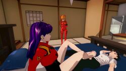 1boy 2girls 3d animated asuka_langley_sohryu bazett bed being_watched black_hair clothed_sex clothing cuckquean cum cumming_from_footjob cumshot female foot_fetish footjob looking_at_another male misato_katsuragi multiple_girls neon_genesis_evangelion on_bed orange_hair penis plugsuit purple_hair shinji_ikari sound tagme toes two-footed_footjob video