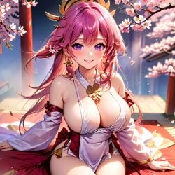 1girls ai_generated beautiful_background big_ass big_breasts big_butt cherry cherry_blossoms detailed detailed_background female female_only genshin_impact hi_res high_resolution highres huge_ass huge_breasts huge_butt pink_hair purple_eyes sex smile smiling smiling_at_viewer stable_diffusion temple thick_thighs yae_miko