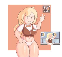 adventure_time angry_face black_eyes blonde_hair cameltoe clothed fionna_and_cake fionna_campbell fionna_the_human_girl lavtheghost mob_face navel no_pants panties pantyshot pantyshot_(standing) ponytail thick_thighs thighs white_panties