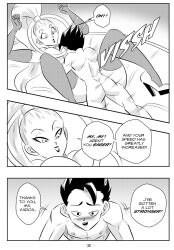 1boy 1girls angel_(dragon_ball) big_breasts black_and_white breasts cabba choker comic dragon_ball dragon_ball_super funsexydragonball high_heels monochrome nipples page_32 ponytail saiyan surprised thighhighs vados