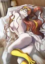 anthro anus areola avian bed bird breasts brown_hair eyewear feathers female furniture genitals glasses hair hi_res highlights_(coloring) lying may_(crimsir) mifa on_side pussy red_eyes solo tai_l_rodriguez tail_feathers talons waking_up wall_(structure) winged_arms wings wood wood_wall