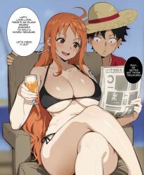 ai_generated big_breasts bikini brown_eyes crossed_legs female kisou long_hair male monkey_d_luffy nami nami_(one_piece) one_piece orange_hair outside post-timeskip sitting spying text