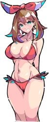 1girls bikini breasts brown_hair cleavage enpe female game_freak huge_breasts light-skinned_female light_skin long_hair may_(pokemon) may_(pokemon_oras) nintendo pokemon pokemon_oras ribbon thick_thighs wide_hips