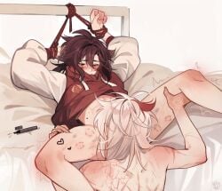 2boys bed bite_mark blowjob bondage bound_wrists fellatio gay genshin_impact hickey jacket kaedehara_kazuha male male/male nekojinnyart no_visible_genitalia oral restrained rope scars shikanoin_heizou spread_legs tied_up white_hair yaoi