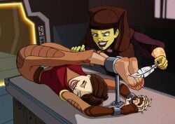 2girls alien alien_girl barefoot bondage clone_wars facial_markings feathers feet female female_only fully_clothed human legs_up luminara_unduli mirialan padme_amidala pantyhose plow_pose soles star_wars the-flying-hamster tickle_torture tickling tickling_feet yuri