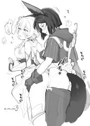 1boy 1girls animal_ears blush breasts breasts_out clothed_sex clothes_pull dress female female_penetrated flower_in_hair fox_boy fox_ears fox_tail from_behind from_behind_position genshin_impact gloves greyscale hands_on_hips highres hood hood_down large_breasts lumine_(genshin_impact) male male/female male_penetrating monochrome nipples pants pants_pull partially_fingerless_gloves ruru_jima sex sex_from_behind short_hair_with_long_locks signature simple_background standing_sex straight sweat tail taken_from_behind tighnari_(genshin_impact) translation_request twitter_username