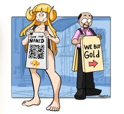 1girls ass bare_legs barefoot blonde_hair blunt_bangs breasts closed_mouth collarbone dahs feet female full_body gunshad horns long_hair nude qr_code sign smile standing toes