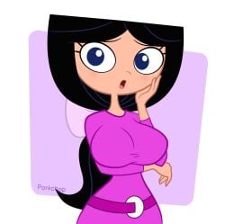 1girls :0 aged_up belt black_hair blue_eyes busty clothed clothing dress female female_only hair_ribbon hand_on_breast hand_on_head huge_breasts isabella_garcia-shapiro large_breasts long_hair looking_at_viewer phineas_and_ferb porkchop_(artist) purple_background white_background