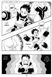 1boy 1girls angel_(dragon_ball) ass big_ass big_breasts black_and_white breasts bunny_girl cabba comic dragon_ball dragon_ball_super english_text funsexydragonball kick monochrome page_29 punch saiyan sweating training vados weights