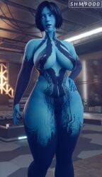 3d 3d_(artwork) blender blender_(software) blue_body bob_cut cortana curvaceous curvy female female_only glowing_eyes halo_(series) hand_on_hip high_resolution highres looking_at_viewer superhentaimaster9000 thick_thighs video_games