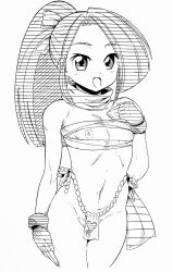 absurdres female flashing fujibayashi_suzu greyscale happy highres hokuto_(artist) hokuto_(tokuho) loincloth long_hair looking_at_viewer monochrome nipples ponytail solo suzu_fujibayashi tales_of_(series) tales_of_phantasia