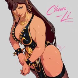 1girls alternate_costume alternate_hairstyle asian ass big_ass big_breasts bracelet breasts capcom chun-li chun-li_(cover_girl) cleavage earrings gold_necklace hoop_earrings jewelry long_hair necklace spiked_bracelet spikes standing street_fighter street_fighter_v the_art_mage thick_thighs