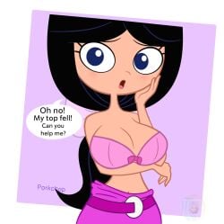 1girls :0 aged_up belt black_hair blue_eyes bra busty clothed clothing dress dress_pull edit female female_only hair_ribbon hand_on_breast hand_on_head huge_breasts isabella_garcia-shapiro large_breasts long_hair looking_at_viewer phineas_and_ferb porkchop_(artist) purple_background text text_bubble white_background xkiosikx