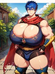 1boy ai_generated big_breasts blue_eyes blue_hair breasts busty busty_boy cleavage fire_emblem fire_emblem:_path_of_radiance fire_emblem:_radiant_dawn huge_breasts ike_(fire_emblem) lustre male male_only male_with_breasts nintendo solo solo_male