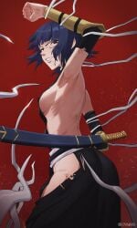 arm_guards arm_up armpits back backless_outfit bg9 bleach bleach:_the_thousand-year_blood_war blood blue_hair blunt_bangs breasts chilakkk cowboy_shot detached_sleeves female grey_eyes highres hip_vent japanese_clothes katana large_breasts looking_at_viewer medium_hair quincy_(bleach) red_background sash shadow sheath sheathed sideboob sideless_outfit sidelocks soifon solo sui-feng sword teeth torn_clothes twitter_username v-shaped_eyebrows weapon