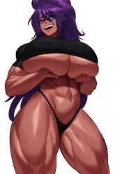 1girls anzu_(original_character) blue_eyes commission dark-skinned_female dark_skin female female_only huge_breasts long_hair looking_at_viewer muscular muscular_female muscular_thighs purple_hair smiling smiling_at_viewer solo sotcho thong underboob very_long_hair white_background