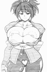 absurdres areola_slip bimbo breasts breasts_out bursting_breasts female gigantic_breasts greyscale happy highres hokuto_(artist) hokuto_(tokuho) huge_breasts huge_nipples large_areolae large_breasts looking_at_viewer monochrome nipple_slip nipples sheena_fujibayashi solo tales_of_(series) tales_of_symphonia