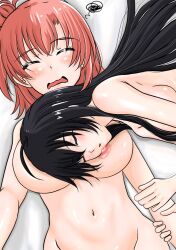 2023 2girls bed belly black_hair breast_pillow breath_cloud choberiba closed_eyes female female_focus female_only head_on_breasts holding_another's_arm holding_arm human human_only implied_yuri in_bed light-skinned_female light_skin long_black_hair multiple_girls my_teen_romantic_comedy_snafu naked navel nude_female on_bed open_mouth red_hair short_red_hair sleeping sleeping_nude sleeping_on_person sleeping_together squish squished_breasts tagme yuigahama_yui yukinoshita_yukino yuri