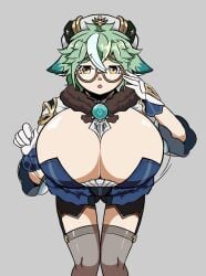 big_breasts breasts cleavage genshin_impact giant_breasts gigantic_breasts glasses green_hair huge_breasts kingmelon large_breasts massive_breasts stockings sucrose_(genshin_impact)