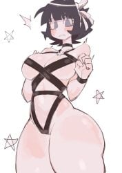 azazel_(helltaker) black_hair bottom_heavy grey_eyes helltaker huge_ass pear_shaped short_hair small_waist soft_color straps thick_thighs usa37107692 voluptuous wide_hips