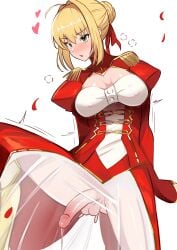 1futa anal_fingering anal_masturbation balls big_breasts big_penis blonde_female blonde_futa blonde_hair blush blushing breasts clothed clothing cum cum_drip fate/extra fate/grand_order fate_(series) fingering futa_only futanari green_eyes human large_breasts large_penis light-skinned_futanari light_skin long_hair long_penis masturbating masturbation mostly_clothed nero_claudius_(fate) nipple_bulge penis penis_out precum precum_drip see-through solo translucent yoshiwo_senpai