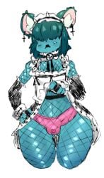 1boy bell_collar belly black_lipstick blue_body blue_hair bulge femboy fishnets goth goth_boy lipstick maid maid_outfit maid_uniform marcus_(annacrazytoivo) pierced_ears piercing pink_panties remiman slime slime_boy visible_penis_shape