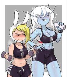 2girls adventure_time alternate_costume bike_shorts blonde_hair blue_skin breast_envy breasts centinel303 cleavage clothing dolphin_shorts female female_only fionna_the_human_girl human ice_queen ice_queen_(adventure_time) medium_support_(meme) multiple_girls navel pale_skin sportswear sweat tagme thighs white_hair