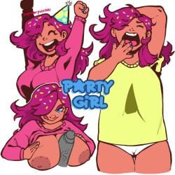 1boy 1girls 2021 big_breasts blue_eyes breasts breasts_out closed_eyes dark-skinned_female disembodied_penis female female_focus imposterpuss multiple_views paizuri party_girl_(terraria) penis pink_hair sweater terraria tongue_out