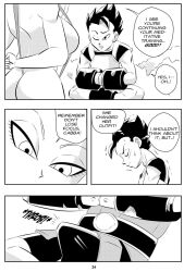 1boy 1girls angel_(dragon_ball) ass big_ass big_breasts black_and_white blush breasts bulge cabba comic dragon_ball dragon_ball_super funsexydragonball monochrome one_eye_closed page_24 saiyan shaking swimsuit vados weights