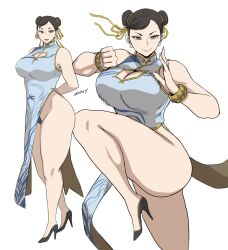 1girls asian asian_female big_breasts brown_hair capcom chinese_clothes chun-li female female_only fighting_stance hair_bun heels hi_res looking_at_viewer pose shiibara_tetsu smiling smiling_at_viewer solo standing_on_one_leg street_fighter street_fighter_6 thick_thighs twin_buns white_background