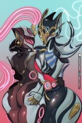 2d_(artwork) 2girls ass ass_grab banshee_(warframe) banshee_prime_(warframe) black_hair breast_size_difference breasts breasts_frottage child_bearing_hips dat_ass duo duo_female hips huge_breasts imbluedexo_(artist) large_ass large_breasts lesbian medium_breasts octavia_(warframe) octavia_prime_(warframe) warframe wide_hips yuri