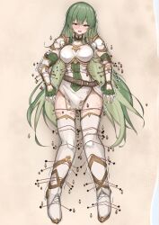 1girls armor bare_thighs bondage boots bound breasts elbow_gloves erinys_(fire_emblem) female female_focus femsub fingerless_gloves fire_emblem fire_emblem:_genealogy_of_the_holy_war fully_clothed giantess gloves green_eyes green_hair large_breasts long_hair nintendo on_back outdoors pelvic_curtain restrained rope thigh_boots thighs tikuwazyousyou very_long_hair