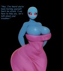 1girls arms_behind_back black_background blue_skin creature curvaceous curvy female ghost ghost_girl helping humanoid magic magical_girl nightgown pink_dress red_eyes shadow_dolls smile smiling spirit text thick thick_ass thick_legs thick_thighs uwu voluptuous voluptuous_female whoram wide_hips