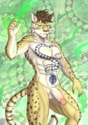 abs absurd_res anthro balls biceps chest_tattoo claws clothing clouded_leopard felid feline fire fur genitals hair hi_res legwear likulau looking_at_viewer male mammal muscular muscular_anthro muscular_male nekojishi nipples nude pantherine pecs penis pinup pistacho pose simple_background solo spots studio_klondike tail tattoo tights tribal tribal_tattoo vein veiny_penis visual_novel yellow_eyes