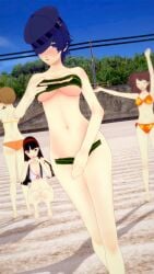 3d 4girls amagi_yukiko beach blush breasts covering_breasts covering_crotch covering_one_eye day daytime embarrassed embarrassed_nude_female enf female hat koikatsu kujikawa_rise large_breasts navel nude only_one_naked persona persona_4 public_nudity sand satonaka_chie seaweed shirogane_naoto sky ultimateenf