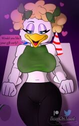 2023 2d 2d_(artwork) anthro avian beanontoast bedroom_eyes belly belly_button big_breasts bird bird_girl birthday_hat bow bows_in_hair britney_spears chicken chicken_girl chuck_e_cheese_(franchise) clothed clothing cosplay crop_top curvy curvy_female curvy_figure dialog dialogue digital_art digital_drawing_(artwork) digital_media_(artwork) furry furry_female galliform gallus_(genus) hearts helen_henny inviting inviting_to_sex laying_down lying lying_on_table mascot midriff party_hat phasianid pigtails seductive seductive_look seductive_smile slender_body slender_waist speech speech_bubble text text_bubble thick_thighs white_feathers yellow_hair yoga_pants