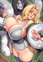 1boy 1girls armpits bare_shoulders big_breasts black_hair blonde_hair bondage breast_grab breast_squeeze brown_eyes captured defeated dubious_consent eyebrows_visible_through_hair eyelashes female grin half-closed_eyes hands_up helpless long_hair looking_away male mature mature_female mikeymegamega naruto naruto_(series) necklace no_pants open_mouth orochimaru pale-skinned_male restrained shiny_skin snake snake_tentacles stockings straight thong trapped tsunade