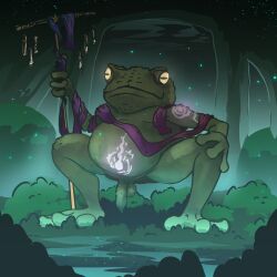 1:1 2023 3_toes amphibian anthro balls crouching dakkawoof feet flaccid foreskin frog genitals green_body green_skin hi_res humanoid_genitalia humanoid_penis male nude overweight penis solo toad_(frog) toes yellow_eyes