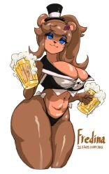 abs animatronic anthro anthrofied bear_girl beer big_breasts blue_eyes brown_fur brown_hair cally3d clazzey cryptiacurves fazclaire's_nightclub five_nights_at_freddy's fnaf freddy_(fnaf) fredina's_nightclub fredina_(cally3d) frenni_(cryptia) frenni_fazclaire furry hat humanoid mascara ponytail scott_cawthon scottgames shenjiubai small_waist thick_thighs