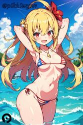 :d ahoge ai_generated american_flag_bikini armpits arms_behind_head arms_up bikini blonde_hair blue_sky breasts cloud clownpiece day female flag_print flower hair_ornament jewelry long_hair looking_at_viewer medium_breasts navel necklace ocean open_mouth outdoors pikkiwynn red_eyes side-tie_bikini_bottom sky smile solo star_(symbol) string_bikini swimsuit touhou wading water