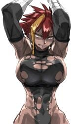 1girls abs breasts defeated_heroine elbow_gloves embarrassed_female hips large_breasts looking_at_viewer marle_barrock muscular_arms muscular_female official_art red_hair reincarnation_colosseum ripped_clothing simple_background tied_up tomboy white_background wide_hips yellow_eyes zunta