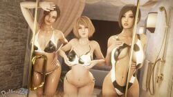 3d 3d_(artwork) 3girls ada_wong ashley_graham ashley_graham_(ella_freya) bikini blonde_hair breast_press brown_eyes brown_hair capcom claire_redfield claire_redfield_(jordan_mcewen) collarbone cow_print cow_print_bikini dochaunt24 female female_only hand_on_breast hazel_eyes holding_breast looking_at_viewer lust midriff navel panties resident_evil resident_evil_2 resident_evil_2_remake resident_evil_4 resident_evil_4_remake shower sling_bikini voluptuous voluptuous_female watermark wet_body wet_skin wide_hips