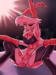 angel_dust_(hazbin_hotel) big_breasts bottomless breasts busty demon erection femboy feminine_male fur genitals hazbin_hotel junkerdraws legwear male_with_breasts multi_arm multi_limb partially_clothed penis stripper stripper_pole thighs