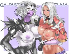 2girls alien alien_girl alien_humanoid animal_ears big_breasts breasts breasts_out dark-skinned_female dark_skin elma_(xenoblade_x) female furry furry_female ga_buidhe grey_hair highres large_breasts looking_at_viewer mask multiple_girls nintendo nipples purple_eyes uya_(yurukah) white_hair wrothian xenoblade_(series) xenoblade_chronicles_(series) xenoblade_chronicles_x yellow_eyes