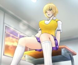 blonde_hair blush breasts caironi knee_socks kneehighs kneesocks large_breasts looking_at_viewer looking_down saiko_no_sutoka school_uniform schoolgirl schoolgirl_uniform sitting sitting_on_desk skirt socks white_socks yellow_eyes yui_ichikawa_(saiko_no_sutoka)