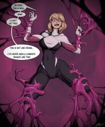2023 big_breasts blonde_hair body_modification breasts corruption dated dialogue english_text female gwen_stacy marvel marvel_comics mind_break restrained signature skin_tight spider-gwen spider-man_(series) symbiote tentacle text tied_up toby_art transformation wide_hips