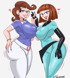 2girls 2milfs alternate_version_available ass big_ass big_breasts blue_eyes blush bodysuit bottomwear breast_to_breast breasts brown_hair clothing danny_phantom ear_piercing earrings erect_nipples faramound female female_only hand_holding hand_on_ass heart huge_breasts lips lipstick madeline_fenton mature_female mature_woman milf mother motion_lines multiple_girls nail_polish nails pants pink_lips pink_lipstick purple_eyes purple_nail_polish purple_nails purple_shirt red_lips red_lipstick shirt short_hair the_fairly_oddparents thick_lips timmy's_mom topwear white_pants wide_hips