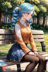 1girls ace_trainer_(pokemon) ace_trainer_(pokemon_bw) ai_generated artsbuyu bangs black_legwear blue_dress blue_eyes blue_hair blush dress drill_hair expressionless from_side hair_between_eyes hair_ornament hair_ribbon hand_on_knee hands_on_knees hi_res legwear long_hair looking_away looking_down medium_breasts orange_vest pantyhose pokemon pokemon_bw sitting stable_diffusion vest worried